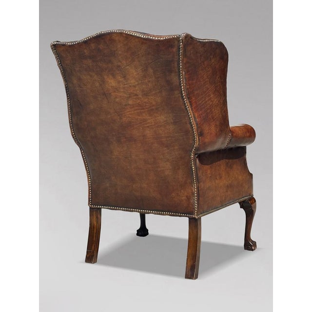 Antique Wing Chair in Brown Leather, 1890 For Sale - Image 4 of 9
