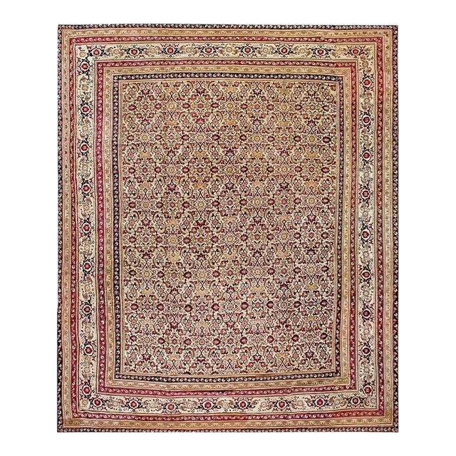 1890s Ivory Ivory Red Herati Antique Indian Agra Rug 12' 1"x 15' 11" Handknotted Wool Carpet For Sale
