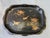 Small vintage black lacquer Chinoiserie bird tray. Softly scalloped rim. Unsigned. Tray has wear, chips, cracks, from age,...