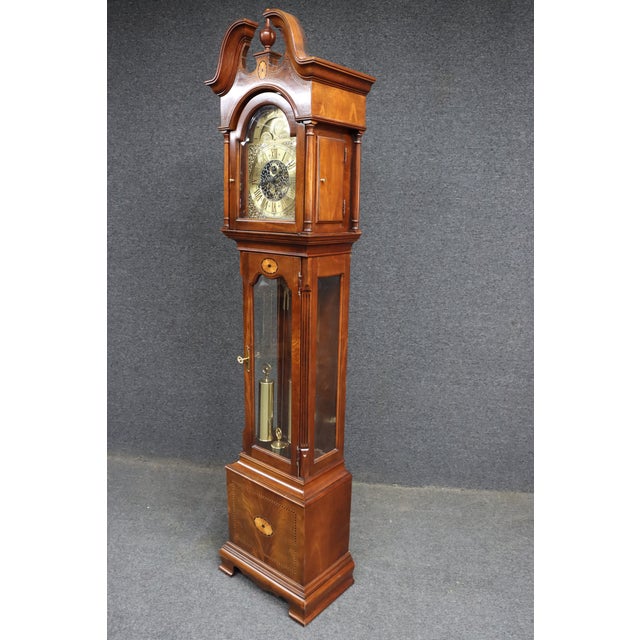 Howard Miller “Taylor” Mahogany Grandfather Clock With Brass Dial & Triple Weights For Sale - Image 12 of 14