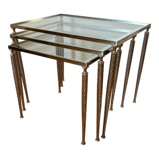 1960s French Nickeled Nesting Tables With Glass Tops Maison Jansen Attributed Set of 3 For Sale