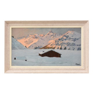 Lucien Quenard, Mountain Landscape with Snow-Covered Alps, Oil on Panel, Early 20th Century, Framed For Sale
