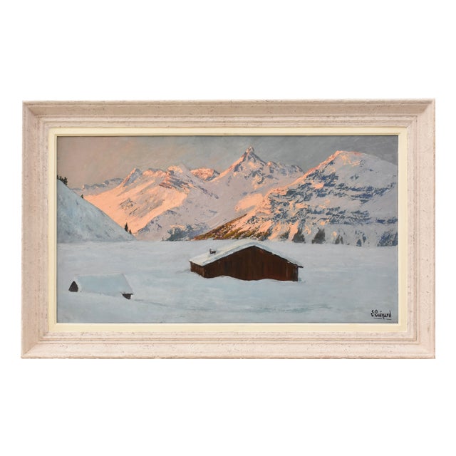 Lucien Quenard, Mountain Landscape with Snow-Covered Alps, Oil on Panel, Early 20th Century, Framed For Sale