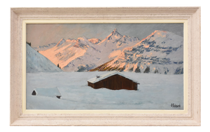 Lucien Quenard, Mountain Landscape with Snow-Covered Alps, Oil on Panel, Early 20th Century, Framed