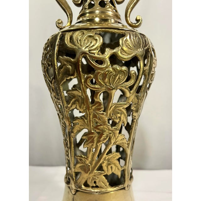 Brass Vintage James Mont Style Reticulated Brass Table Lamp With Bamboo Cherry Blossom and Crane With Black Shade For Sale - Image 8 of 11