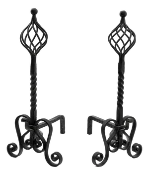 Gothic Revival Wrought Iron Andirons, Pair