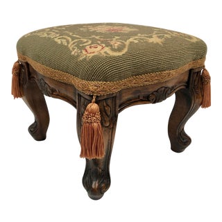 Vintage Needlepoint Foot Stool With Tassels For Sale
