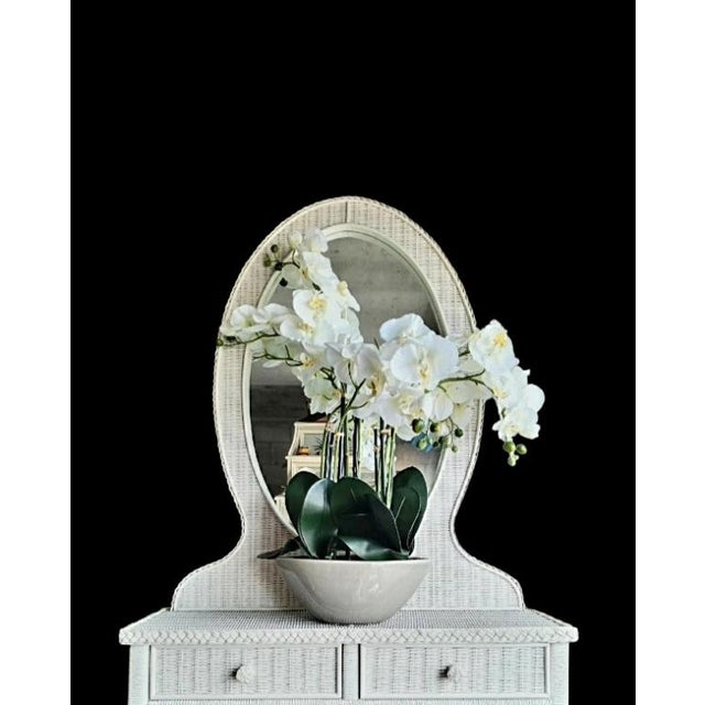 Traditional Vintage White Wicker Large Oval Storage Vanity Top Mirror With 2 Drawers For Sale - Image 3 of 11