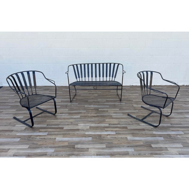 Mid-Century Modern Vintage Mid-Century Modern Wrought Iron Patio Conversation Set | Loveseat & 2 Bouncer Chairs | Russell Woodard Style For Sale - Image 3 of 18