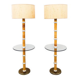 Vintage Mid-Century Boho Rattan, Brass, and Chrome Floor Lamps With Glass Table - a Pair For Sale