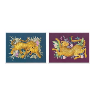 Big Cat Diptych by Allison Cosmos in White Frame, XL Art Print For Sale