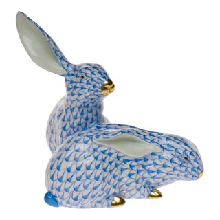 Big Herend Hungarian Porcelain Blue Fishnet Bunny Rabbits Figurine For Sale