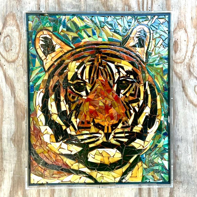 Mid 20th Century Vintage Glass Mosaic of Tiger in Lucite Box Wall Sculpture For Sale - Image 5 of 10
