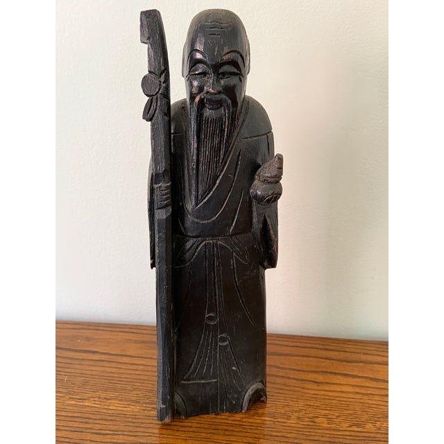 Large Antique Early 20th Century Chinese Wooden Shou Zing Statue, the Chinese God of Longevity For Sale - Image 10 of 12