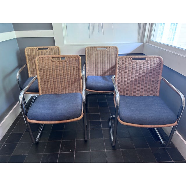 Set of 4 Attributed Chromcraft Cantilever Chairs With Wicker Backrest For Sale - Image 10 of 12
