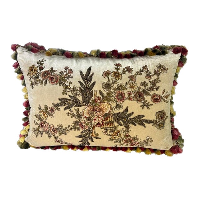 Silk Velvet Bed Pillow W/ 19th C. Appliqué For Sale