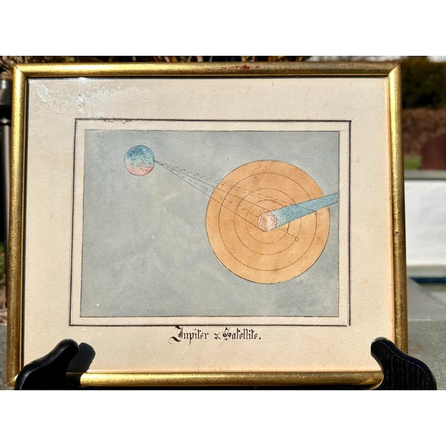 Antique Colored Pen & Ink Drawing – Jupiter and Satellite, Framed Step into the cosmos with this enchanting antique pen...