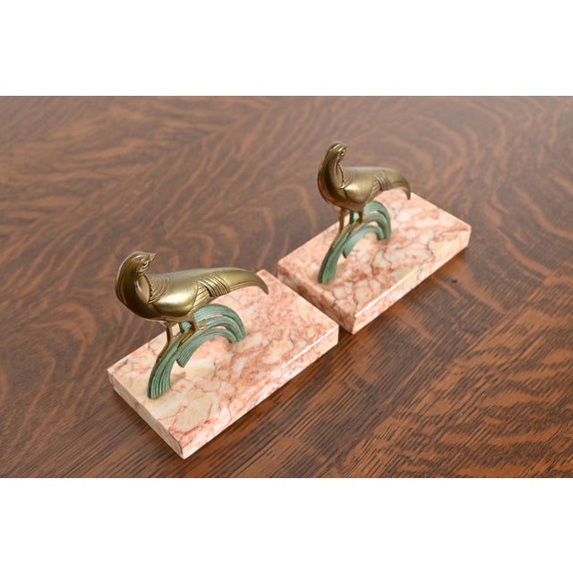 Mid-Century Modern Art Deco Bronze and Marble Pheasant Bookends, Pair For Sale - Image 3 of 11