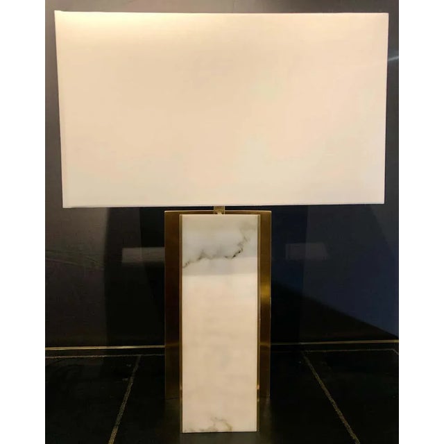 2010s Lorin Marsh Design Table Lamp Patinated Brass and Faux Alabaster Linen Shade For Sale - Image 5 of 13