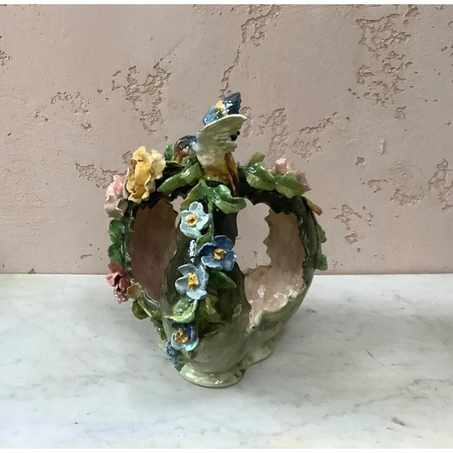 1880 Majolica Bird & Flowers Basket Centerpiece For Sale - Image 4 of 11