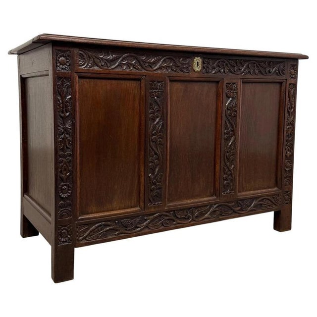 19th Century English Carved Oak Coffer For Sale - Image 11 of 11
