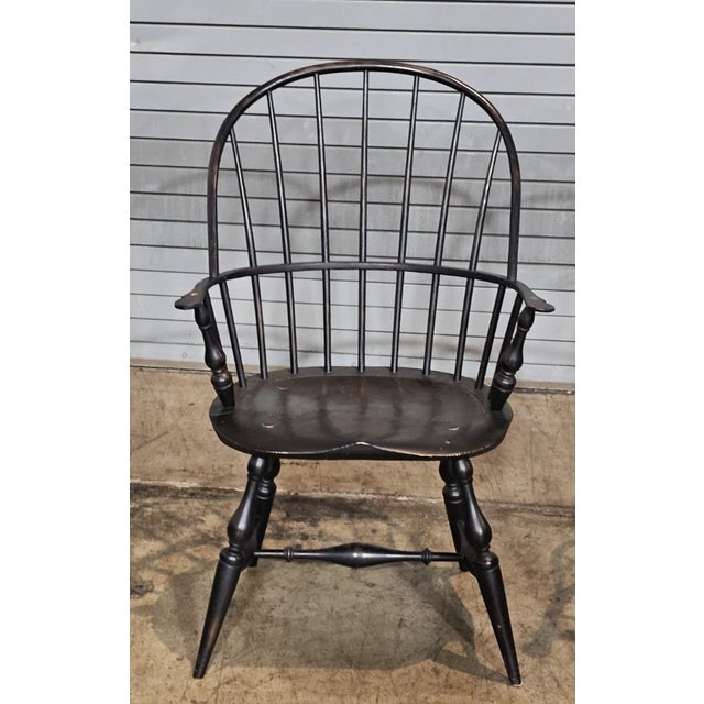 Late 20th Century Pair of Adriance Heritage Sack Back Windsor Arm Chairs Bench Made Black Finish For Sale - Image 4 of 9