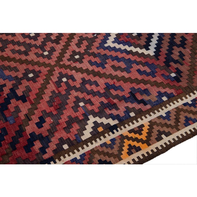 Textile Vintage Kilim Red Handmade Flatweave Geometric Wool Runner For Sale - Image 7 of 10