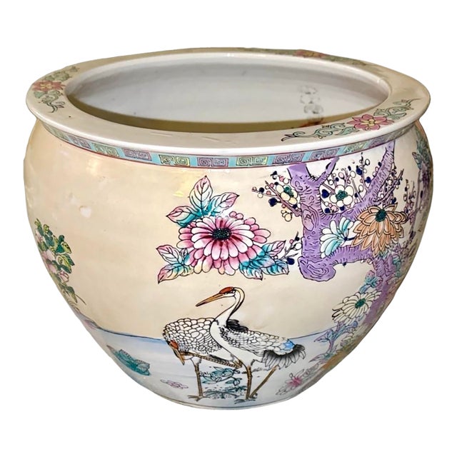 Mid 20th Century Famille Rose Fishbowl Planter With Hand‑Painted Koi For Sale