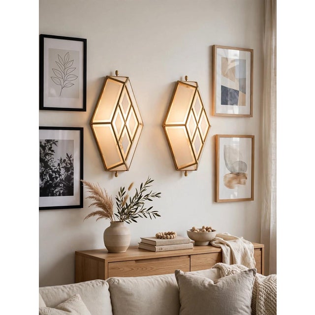 Pair of vintage 1970s brass and white cut glass wall lights - top lighting a pair of elegant wall lamps that capture the...