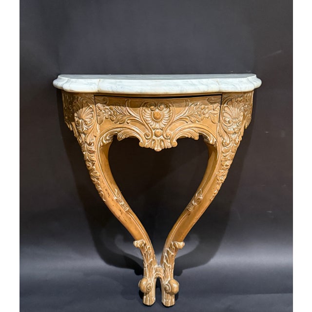 Mid 20th Century Louis XV Style Hand Carved Beechwood Console With Carrara White Marble Top For Sale - Image 9 of 9
