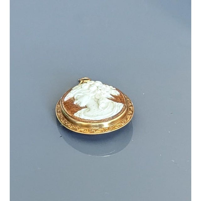 The cameo is carved coral/shell. Encased in a beautiful gold toned frame classical etched pattern, unmarked and unknown...