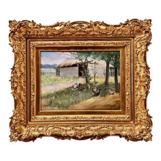 Early 20th Century "Chickens Foraging in a Barnyard," Oil Painting on Porcelain Plaque by Paul E. Harney Jr (1850-1915) For Sale