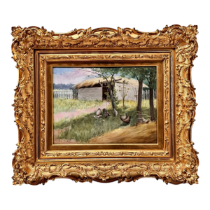 Early 20th Century "Chickens Foraging in a Barnyard," Oil Painting on Porcelain Plaque by Paul E. Harney Jr (1850-1915)
