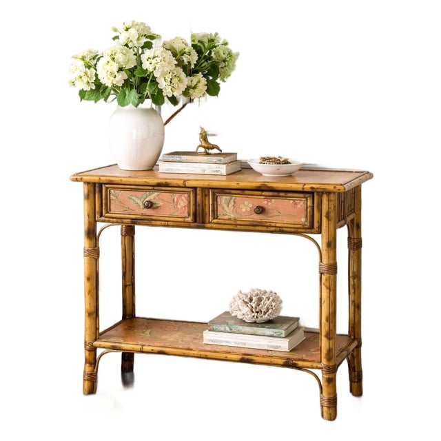 Mid 20th Century Hollywood Regency Faux Bamboo Console / Vanity With Matching Mirror, 2 Pieces For Sale