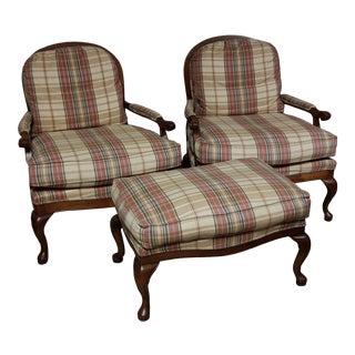 Fairfield Plaid Accent Chairs and Matching Ottoman - Set of 3 For Sale