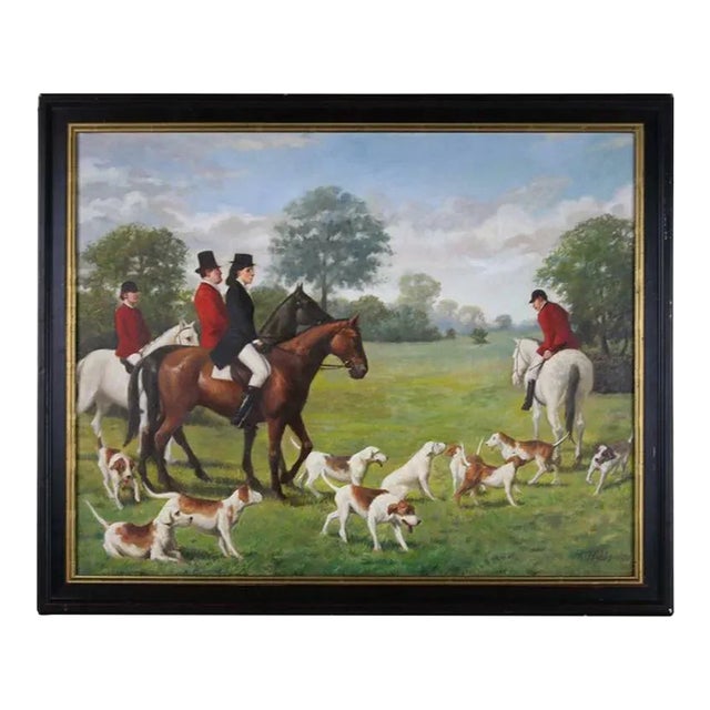 Mid 20th Century The Fox Hunt English Sporting Oil on Canvas Signed HK Hobbs For Sale