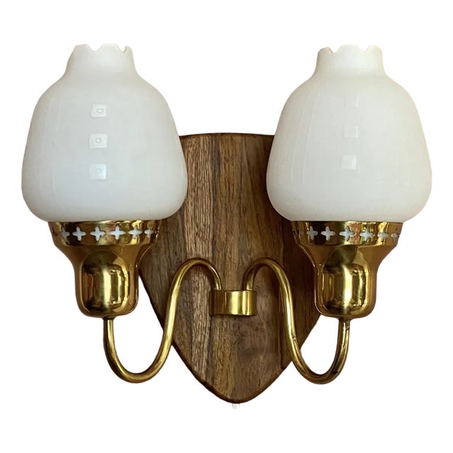 Swedish Modern Brass and Opal Glass Wall Lamp, 1960s For Sale