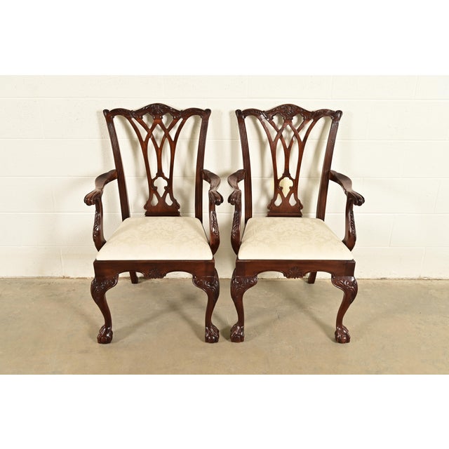An outstanding pair of Chippendale or Georgian style armchairs or dining captain chairs By Drexel Heritage USA, 1992...