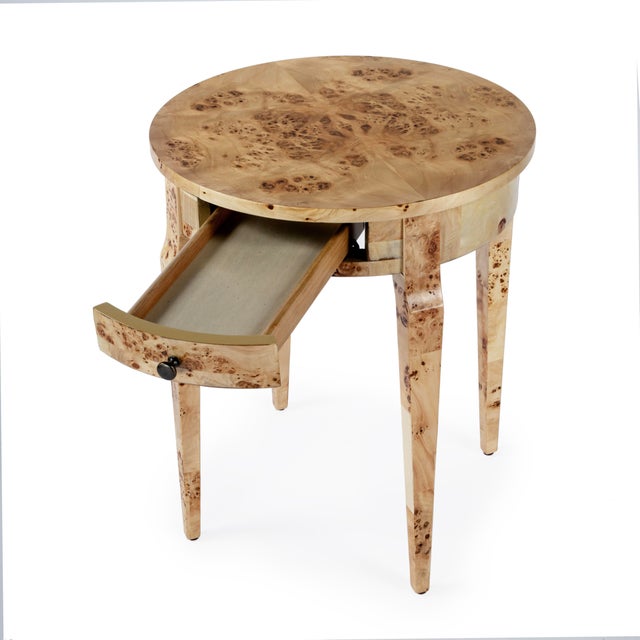 2020s Archer 20 in. W Round Burl Wood 1 Drawer Side Table, Light Brown Burl For Sale - Image 5 of 11