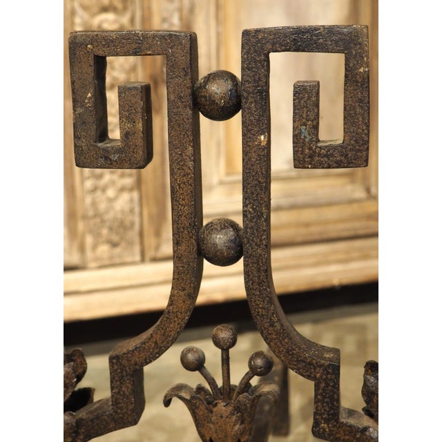 Pair of Decorative French 1940s Wrought Iron and Tole Fireplace Chenets For Sale - Image 16 of 18