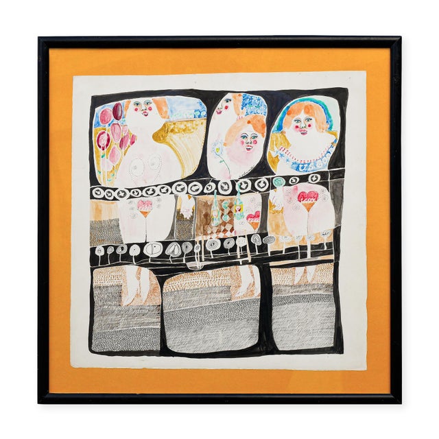 Late 20th Century Charles Pebworth "Female Nudes" Pink, Blue, Yellow, and Black Abstract Modern Figurative Drawing, 20th Century For Sale - Image 5 of 12