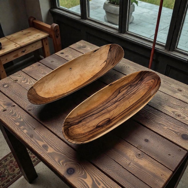 This pair of long, hand-carved olive wood bowls presents a narrow oval form designed for serving bread or small table...