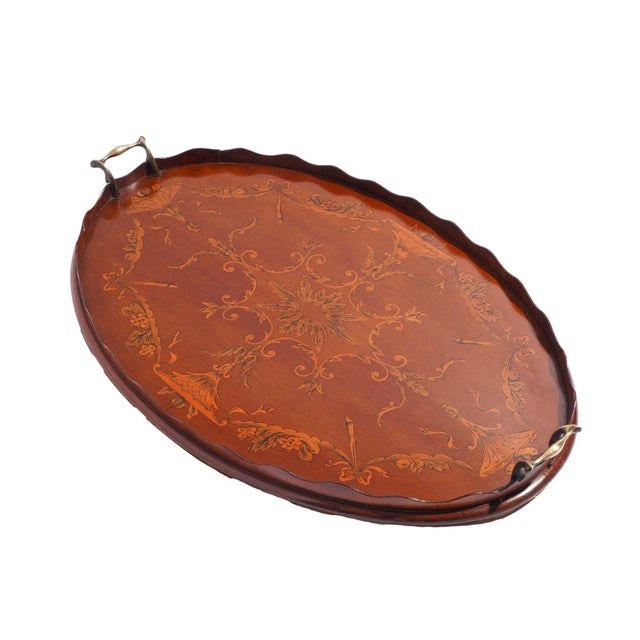 19th Century English Mahogany Oval Inlaid Serving Tray With Scalloped Gallery, C. 1800's For Sale - Image 5 of 15