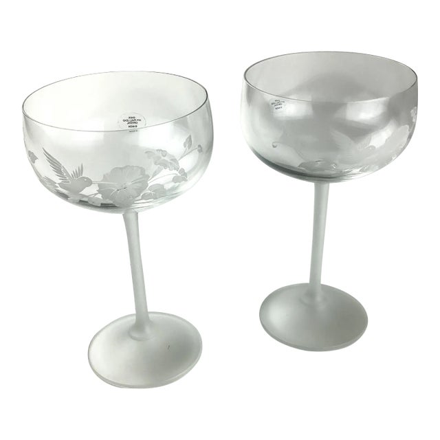 Vintage Full Lead Crystal Champagne Glasses Hummingbird Motif For Sale