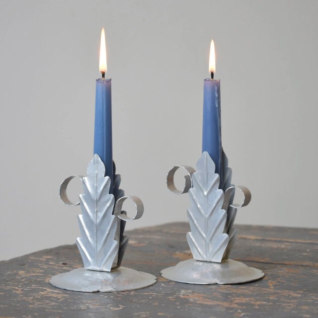 Vintage Handmade Hammered Aluminum Leaf Motif Candleholders, A Pair, Circa 1940s. Hand-hammered aluminum, each consisting...
