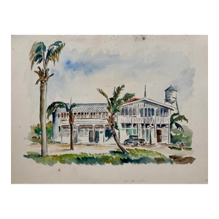 Henry Emil Salloch Original Watercolor on Paper Beachside Estate, 1945. For Sale