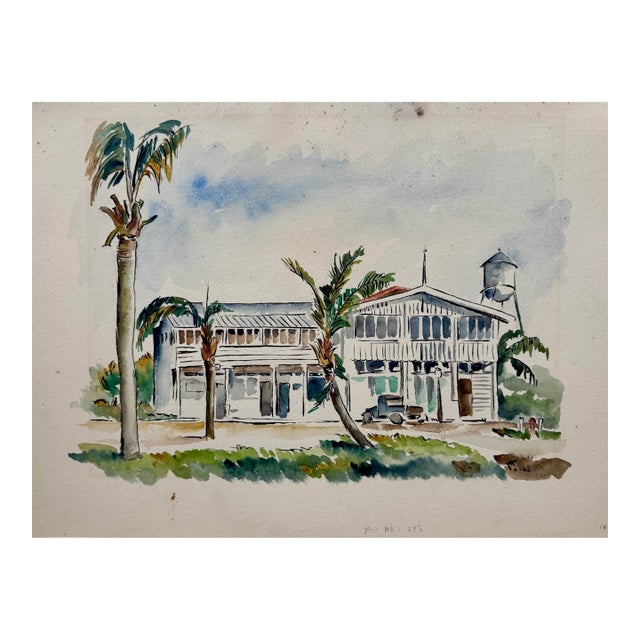 Henry Emil Salloch Original Watercolor on Paper Beachside Estate, 1945. For Sale
