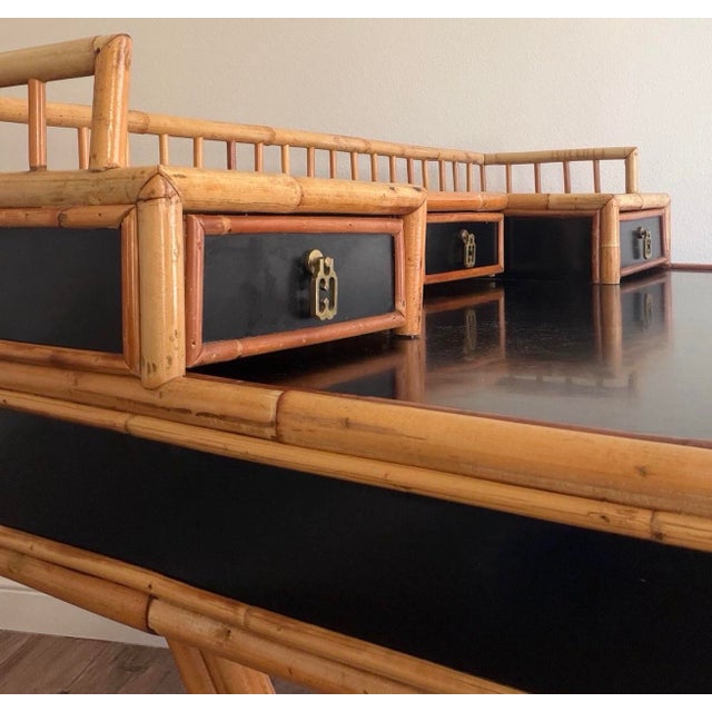 Paint 1960s Campaign Faux Bamboo & Black Lacquer Writing Desk, Attributed to E. Murio For Sale - Image 7 of 12