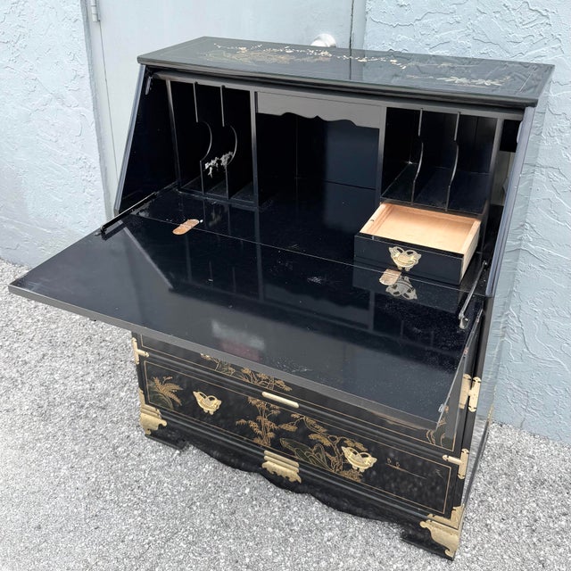 Chinese Black Lacquered and Hand-Painted Secretary Desk For Sale - Image 4 of 8