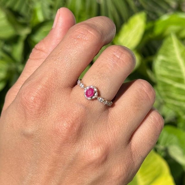 Classical Roman Oval Cut Ruby & Diamond Floral Halo Vintage Ring Size 4 in 14k Yellow Gold For Sale - Image 3 of 15
